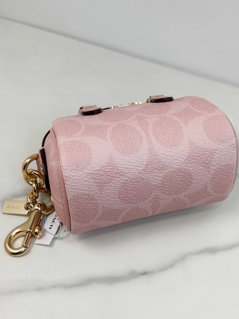 Coach Pink Mini Signature Dome Key Charm with Gold Hardware - Picture 2 of 9